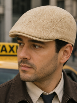Beige Taxi Cab Flat Peaked 1920s Beret Hat
