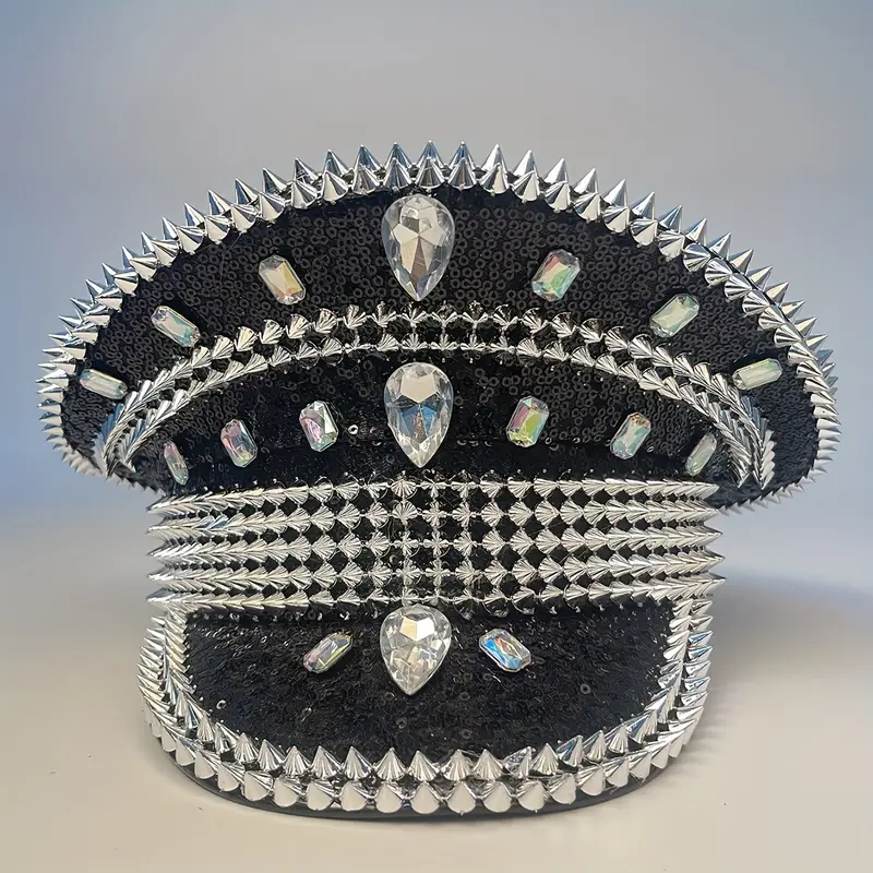 Black Punk Sequin Rhinestone Hat Spiked Rivet Captain Hat