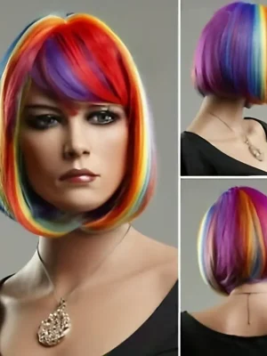 Rainbow Color Short Bob Straight With Bangs