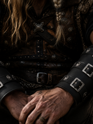 Premium black leather Viking bracers with adjustable buckles