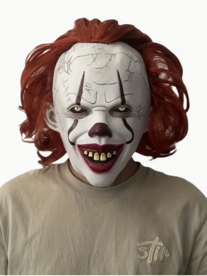 Vibrant Red Clown Punk Latex Mask Red Wig