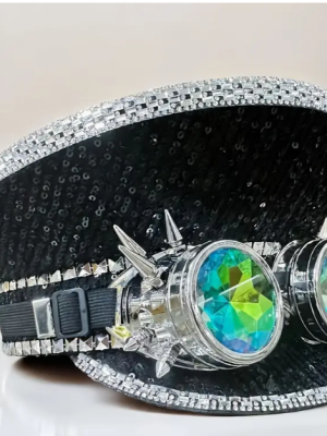 Punk Black Silver Trim Sequin Rhinestone Hat Spiked Silver Goggles Captain Hat