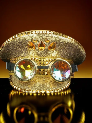 Gold Punk Sequin Rhinestone Spiked Captain Hat Goggles