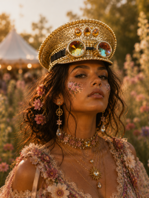 Gold Punk Sequin Rhinestone Captain Hat Goggles