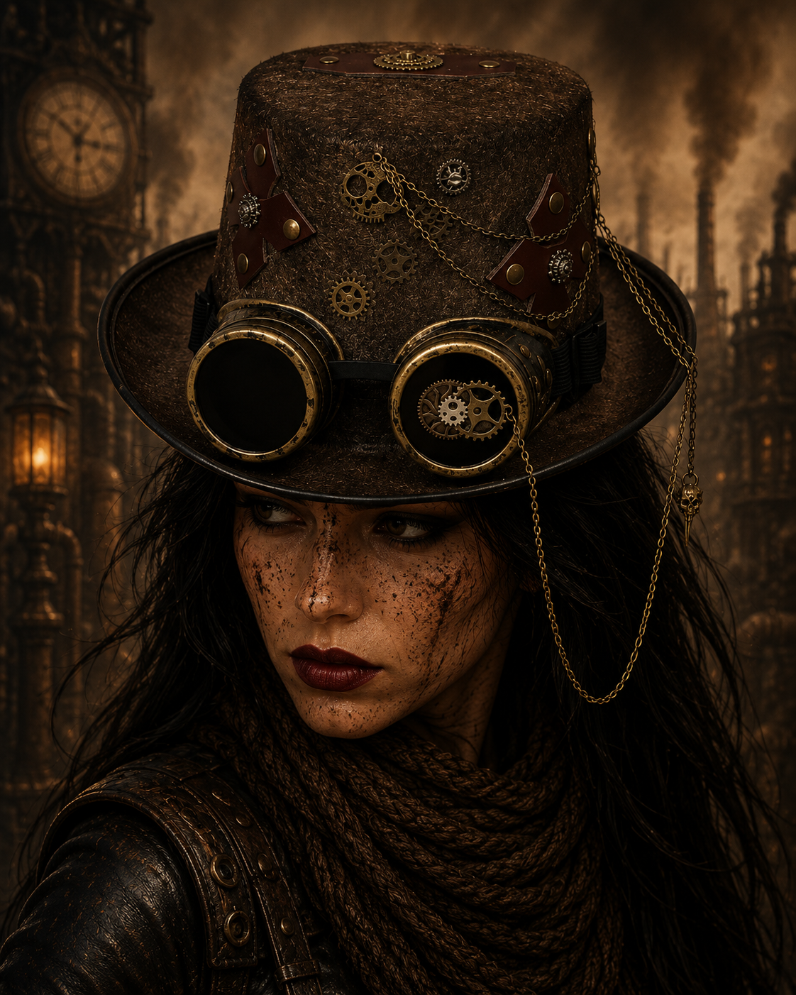 Steampunk Tan Color Hat Gothic Riverts Patchs and Chains