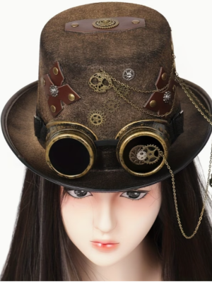 Steampunk Tan Color Hat Gothic Riverts Patchs and Chains