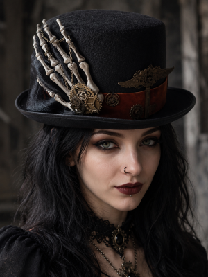 Steampunk Top Hat Gothic Skeleton Maroon Ribbon