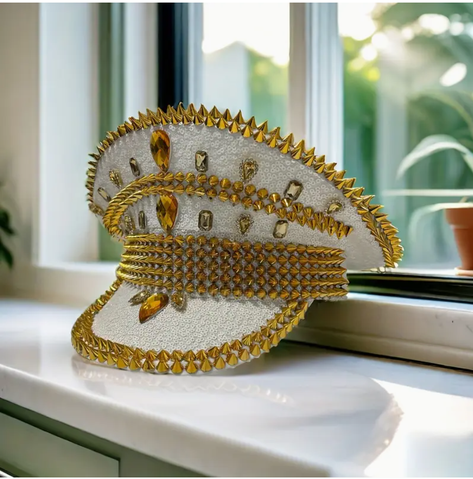 White Gold Detail Punk Sequin Rhinestone Hat Spiked Rivet Captain Hat - Image 3