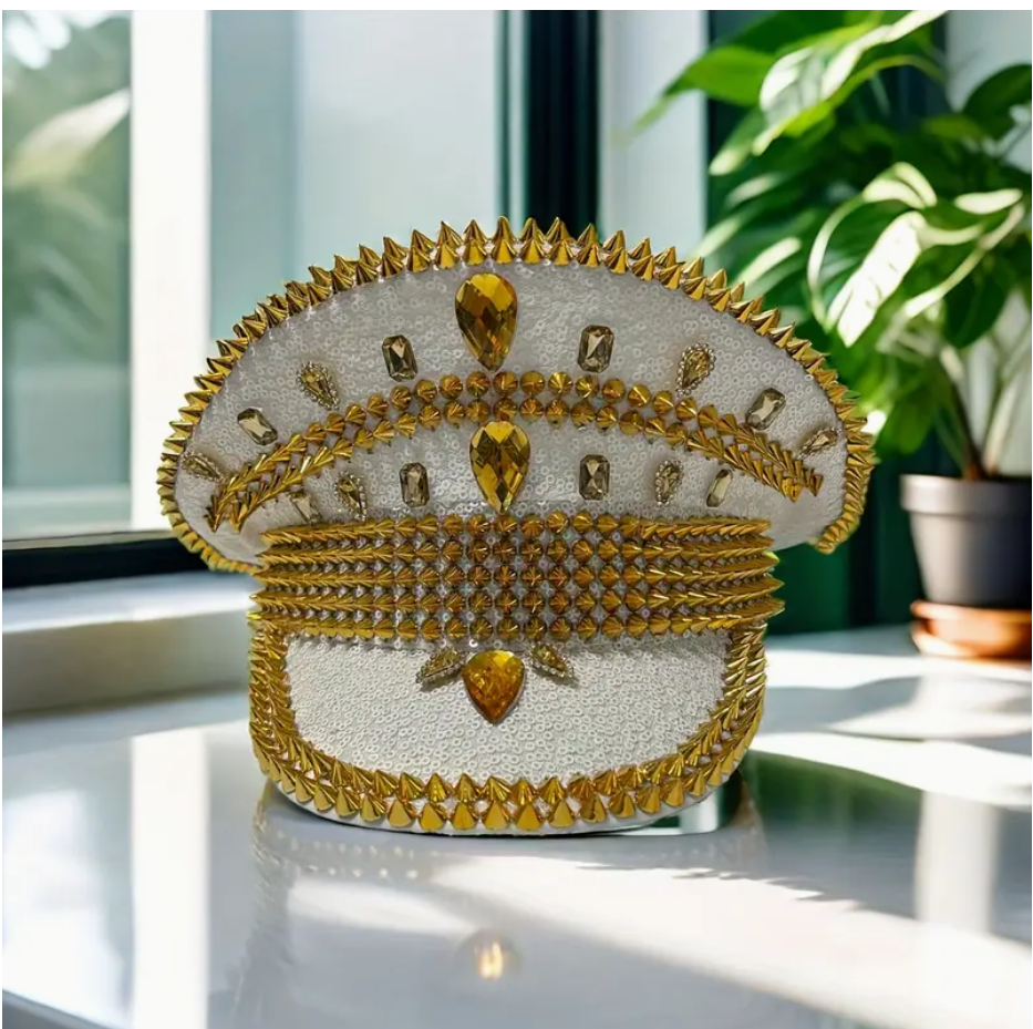 White Gold Detail Punk Sequin Rhinestone Hat Spiked Rivet Captain Hat