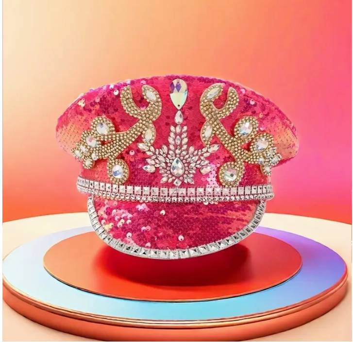 Rhinestone Pink Captain Hat Punk Style Sequin