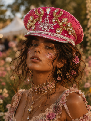 Rhinestone Pink Captain Hat Steampunk Sequin Style