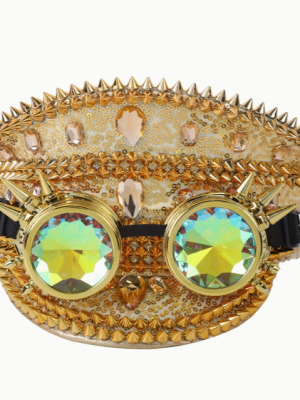 Gold Punk Sequin Rhinestone Captain Hat Spiked Goggles
