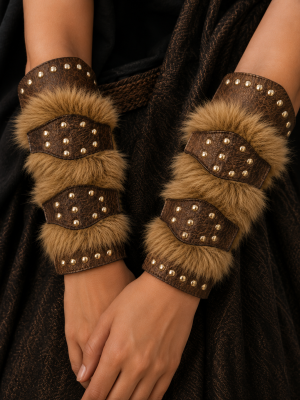 Nordic Viking Faux Fur & Studded Leather Pair Viking Arm Guards Role-Playing Armor