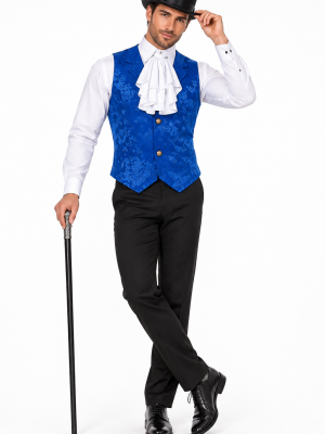 Men’s Victorian Blue Jacquard Steampunk Waistcoat Vest with White Cravat