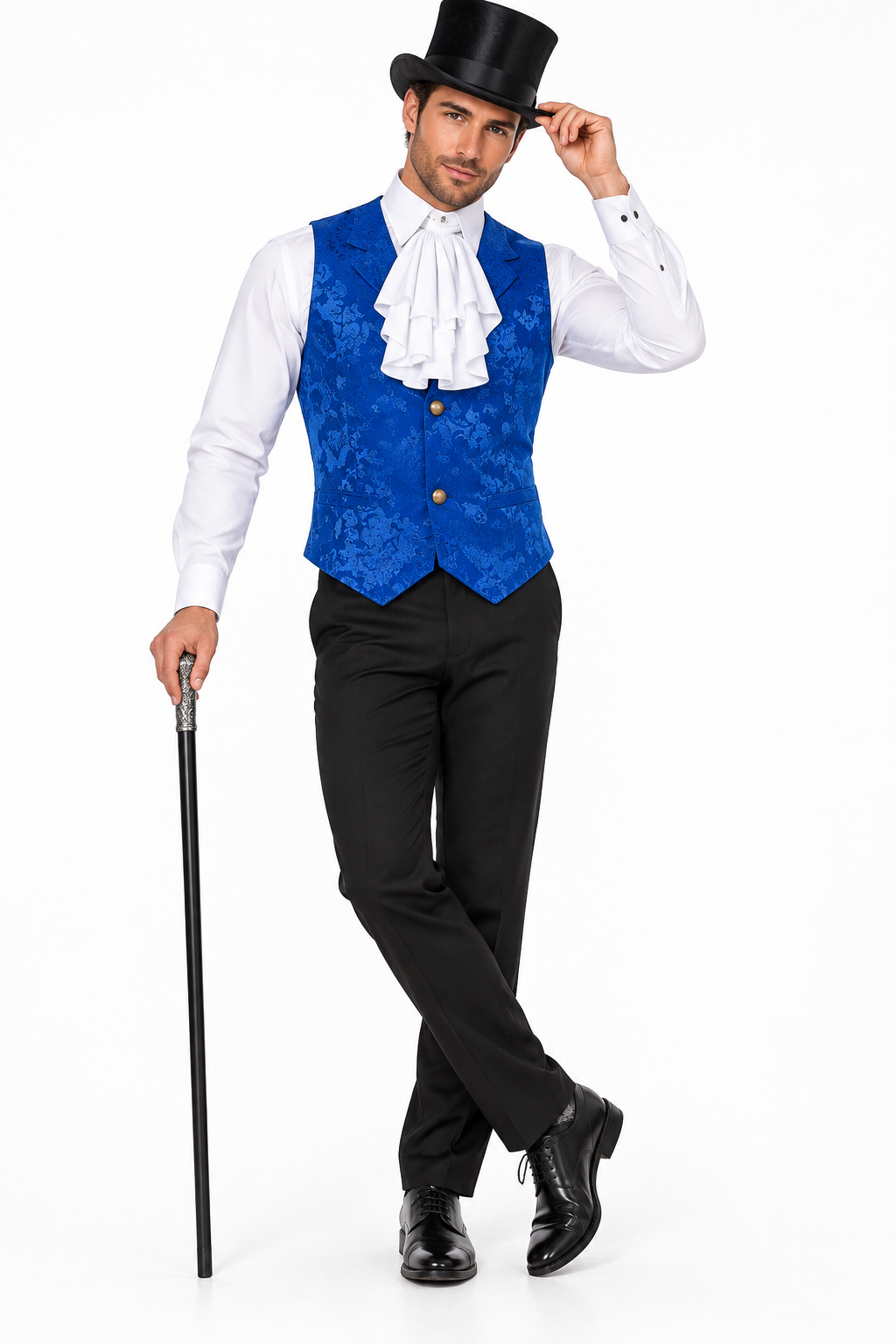 Men’s Victorian Blue Jacquard Steampunk Waistcoat Vest with White Cravat