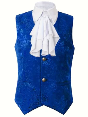 Men’s Victorian Blue Jacquard Steampunk Waistcoat Vest with White Cravat