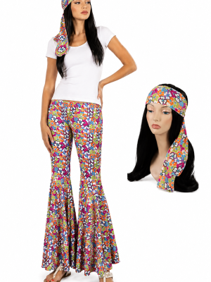 Pink Flowered Hippie Pants Bellbottoms with Matching Heaband