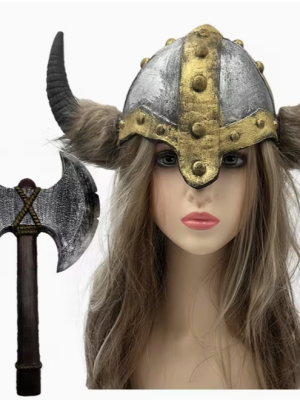 Viking Hat Silver Latex with Horns With Fur